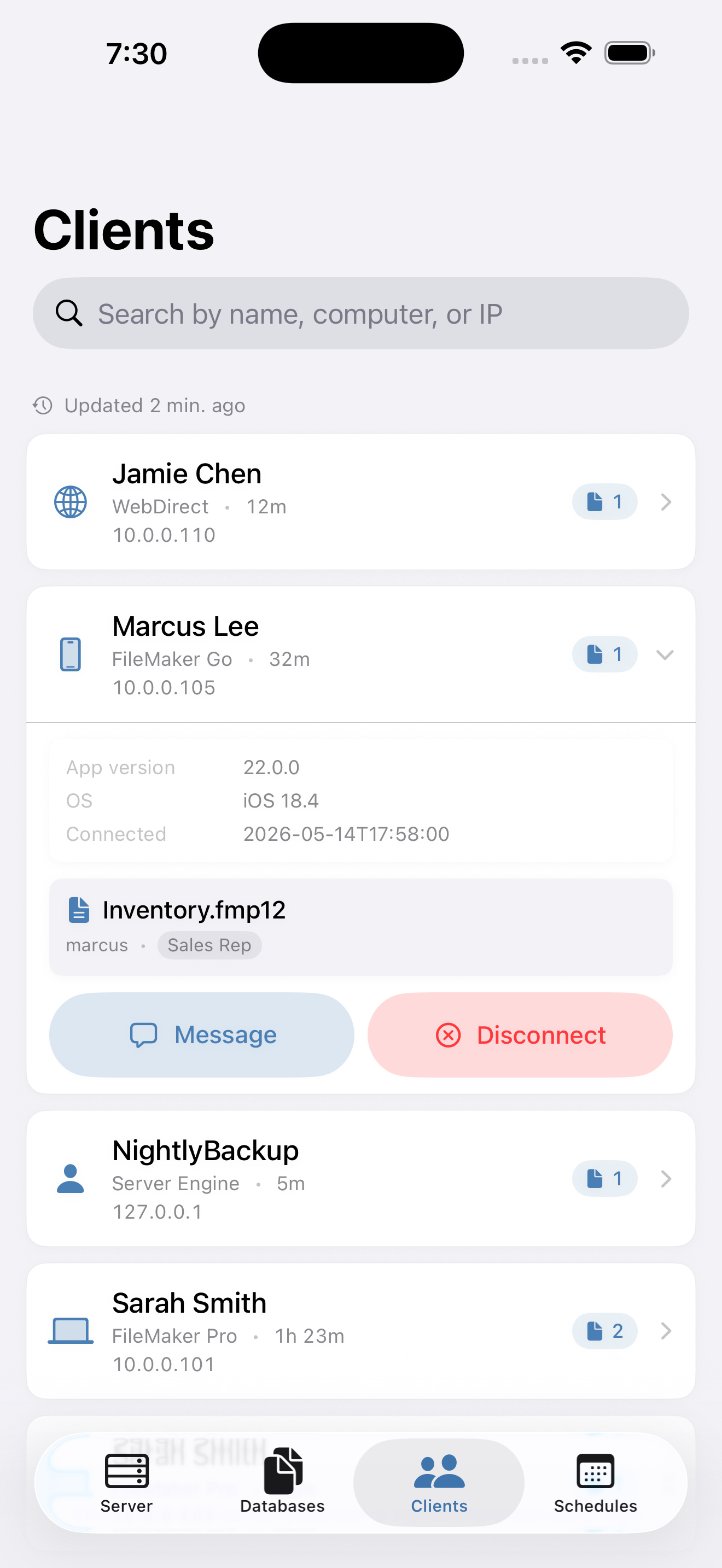 iOS Clients tab
